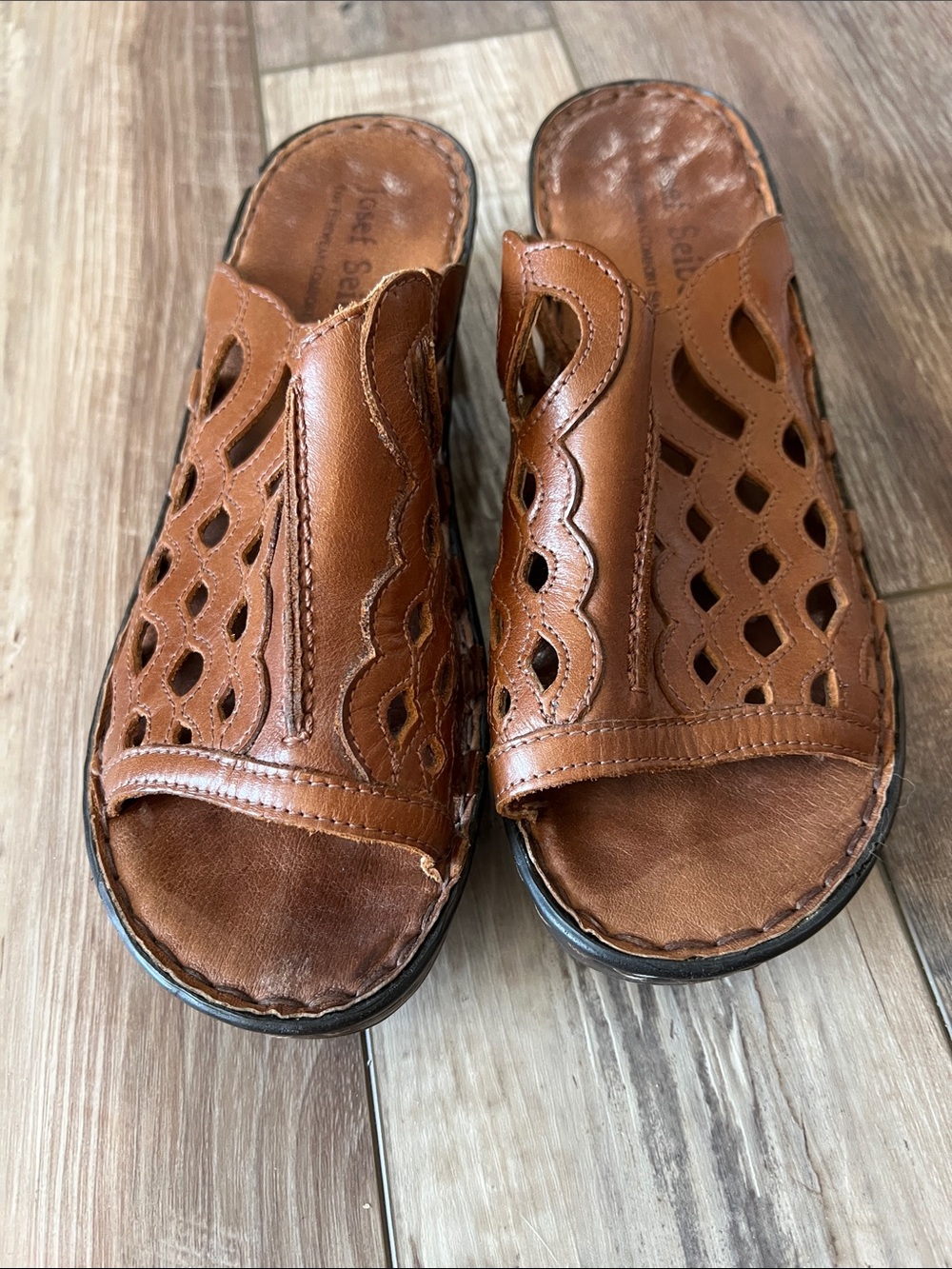 Josef Seibel Tan Brown Leather Cutout Slide Sandals